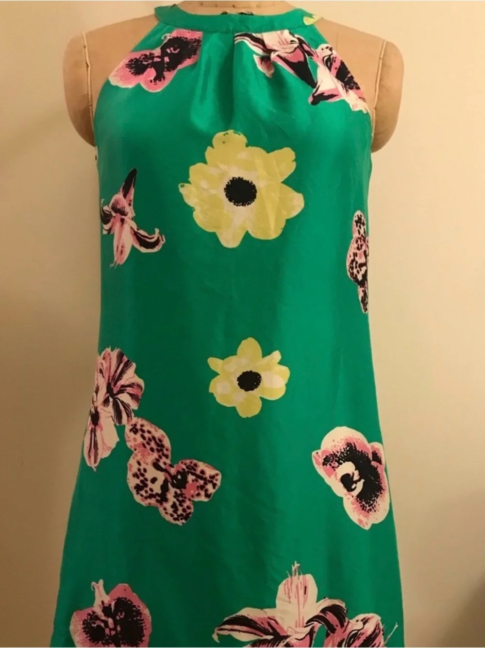 J. Crew Green Floral Halter Tunic with Yellow & Pink Blooms